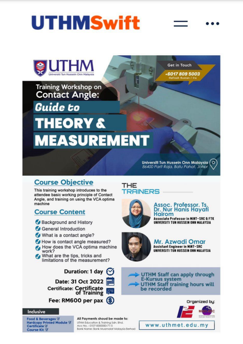Poster Training Workshop on Contact Angle: Guide to Theory & Measurement (31 Okt 2022)